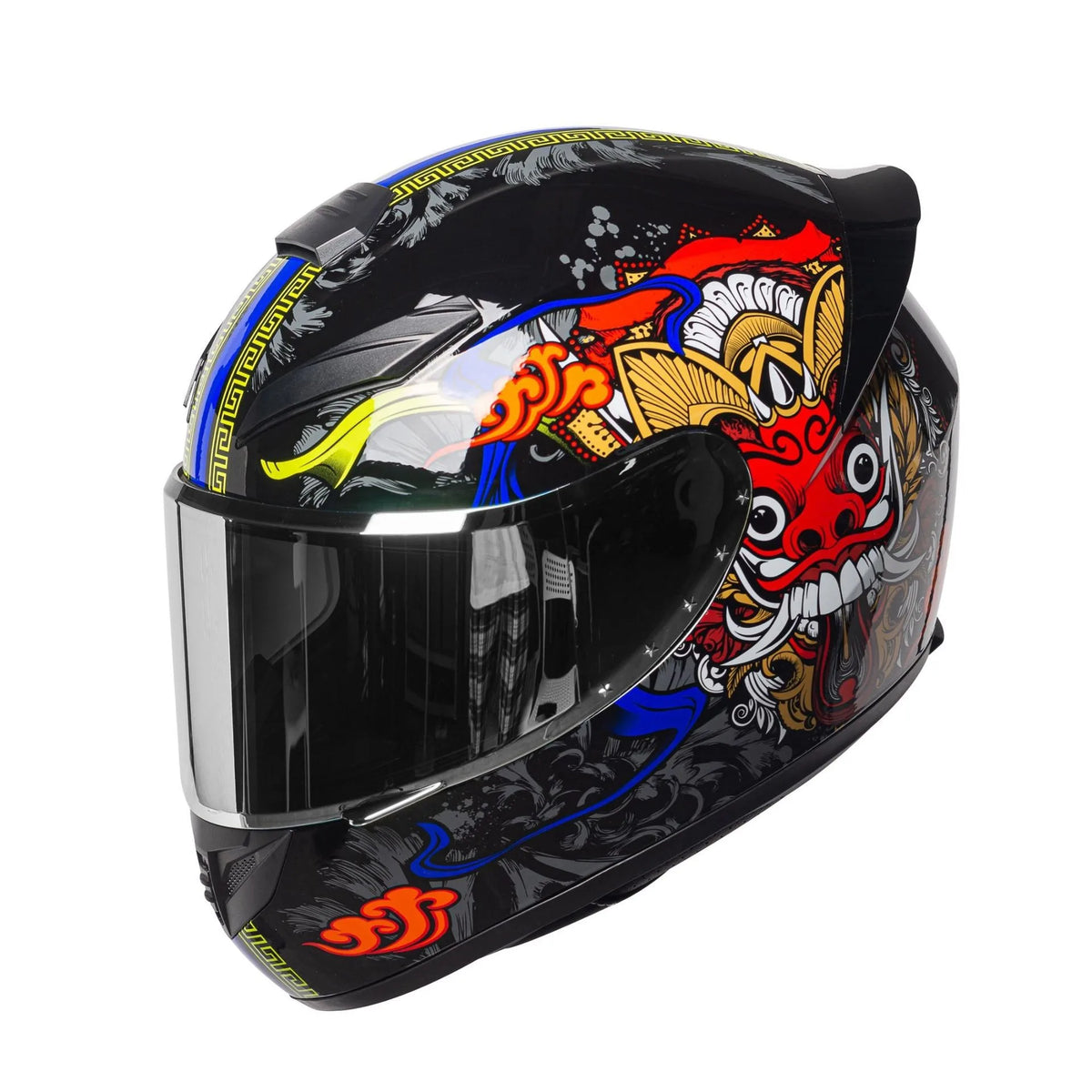 A black racing-style ABS motorcycle helmet featuring a vibrant red dragon design with gold accents.