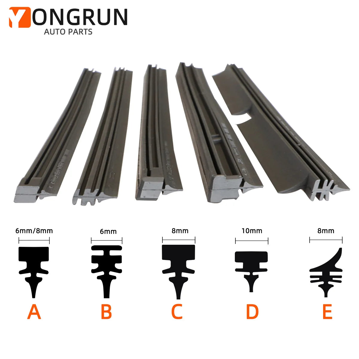 Set of various size and shape wiper blade refill rubber strips labeled A through E