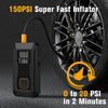 A black 150PSI super fast inflator device connected by a hose to a tire wheel.