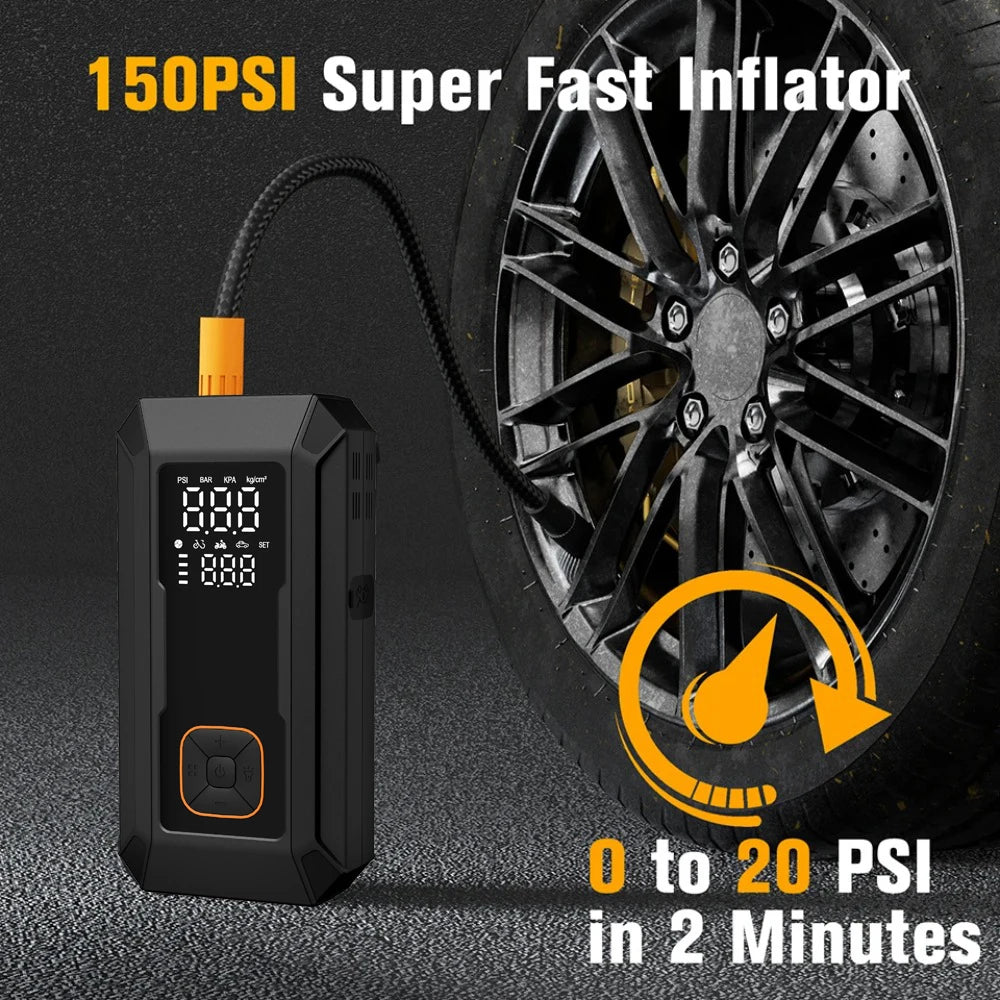 A black 150PSI super fast inflator device connected by a hose to a tire wheel.