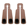 A pair of brown leather car headrest hooks designed for storage organization.