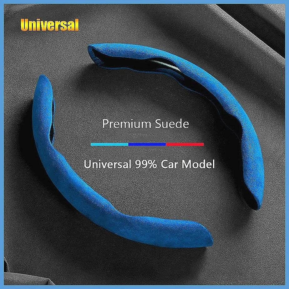 A blue premium suede universal car model steering wheel cover shown on a dark surface.