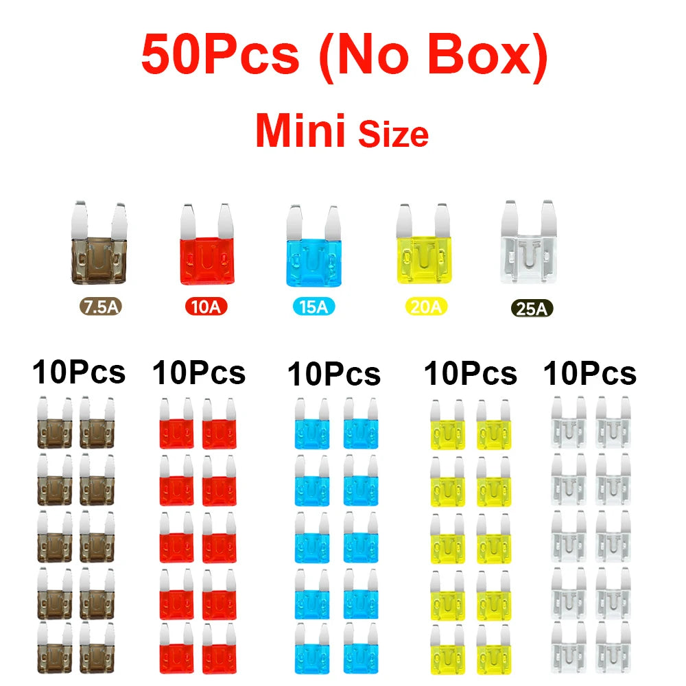 Assortment kit of blade fuses in various sizes including 7.5A, 10A, 15A, 20A, and 25A