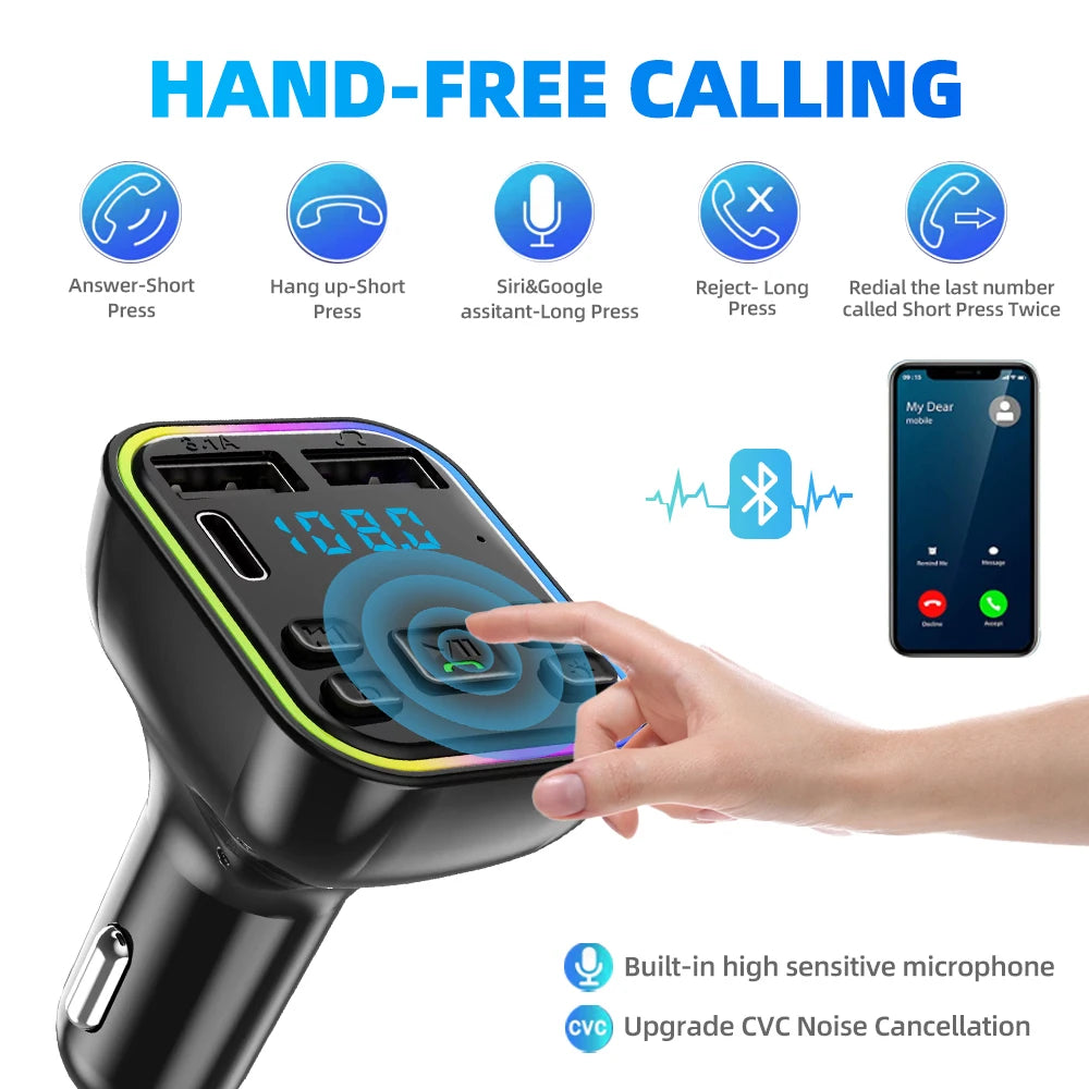 A hand is operating a black hand-free calling device with various call options displayed on the screen.