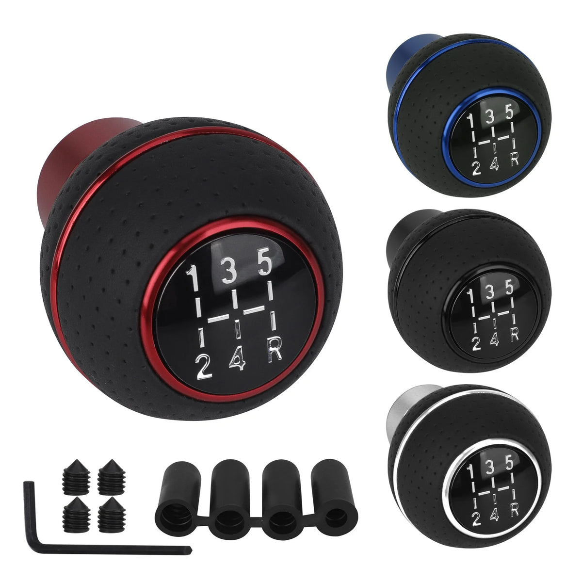 A set of universal 5-speed gear shift knobs for manual and automatic transmissions, featuring black and red accents.