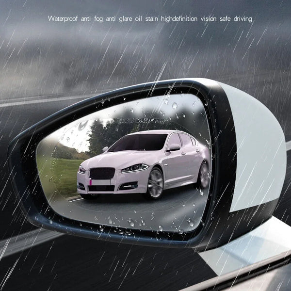 A close-up view of a car's interior showing a rearview mirror with waterproof anti-fog glare oil stain high-definition vision