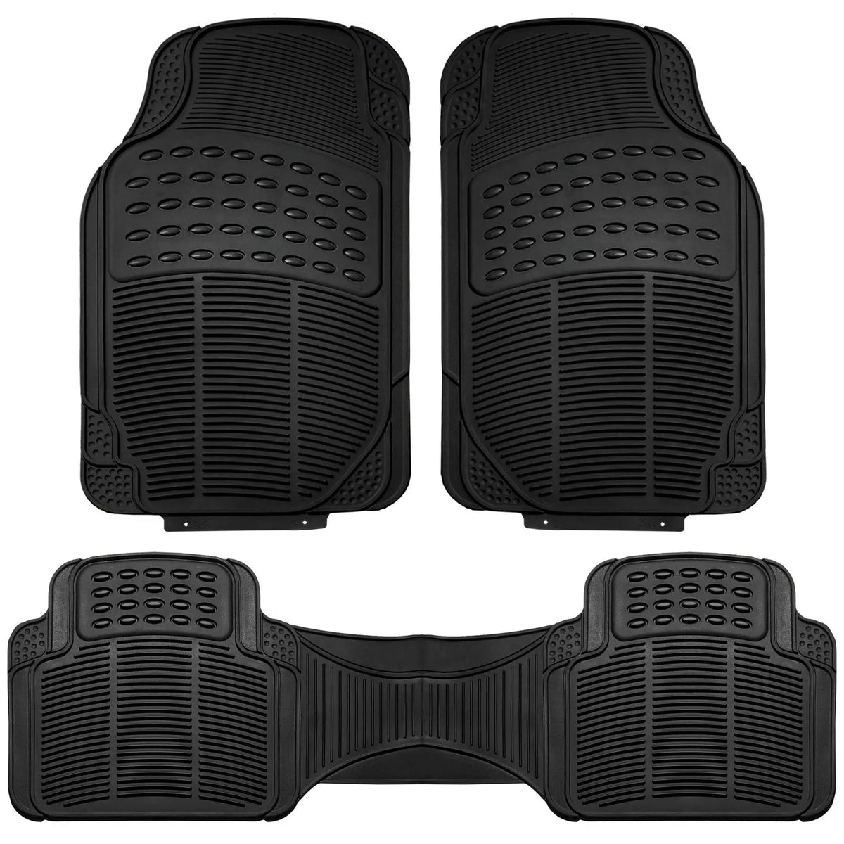 A set of three heavy-duty rubber floor mats for vehicles, shown in black.