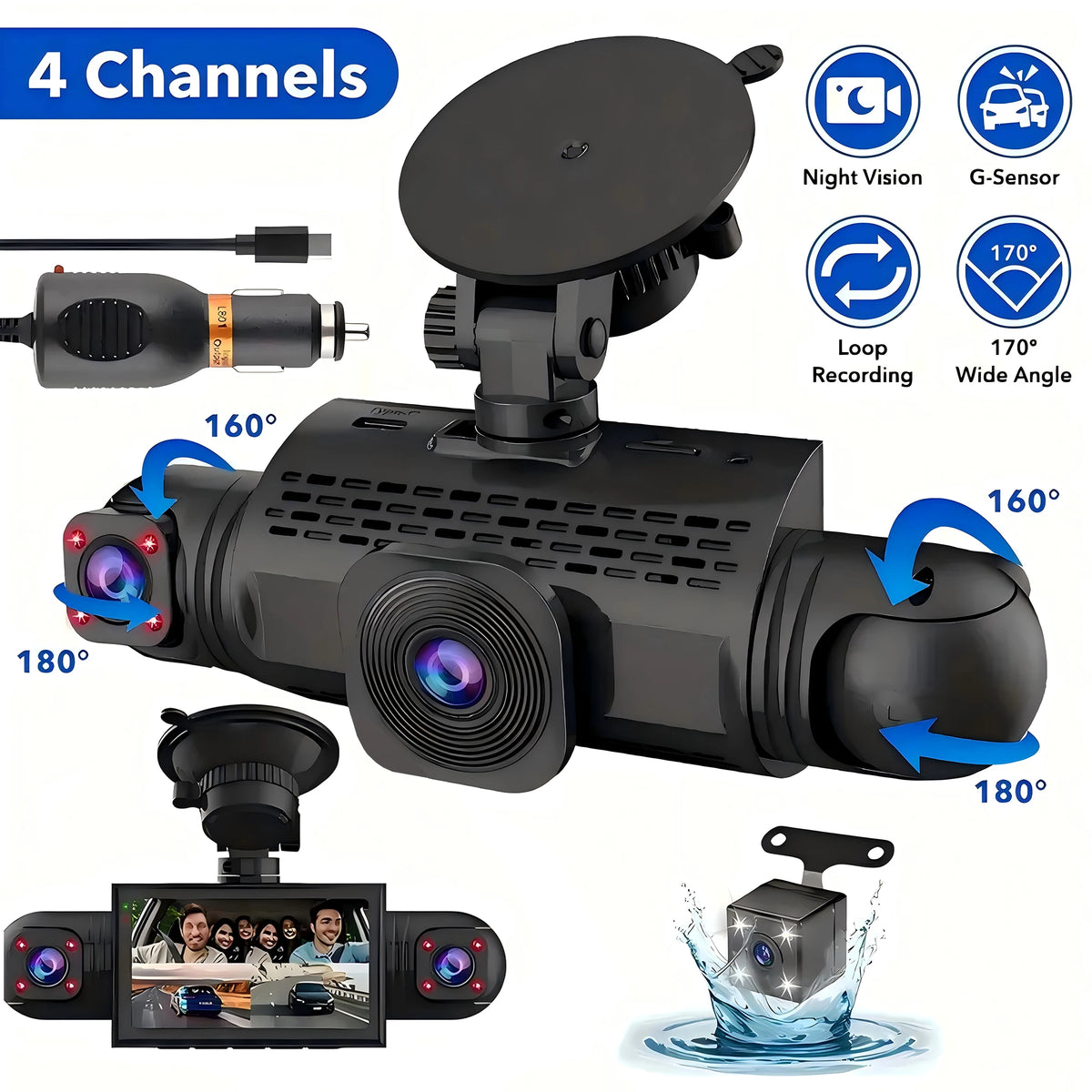 A black 4-channel dash camera with night vision features, showing various recording angles and a waterproof housing.