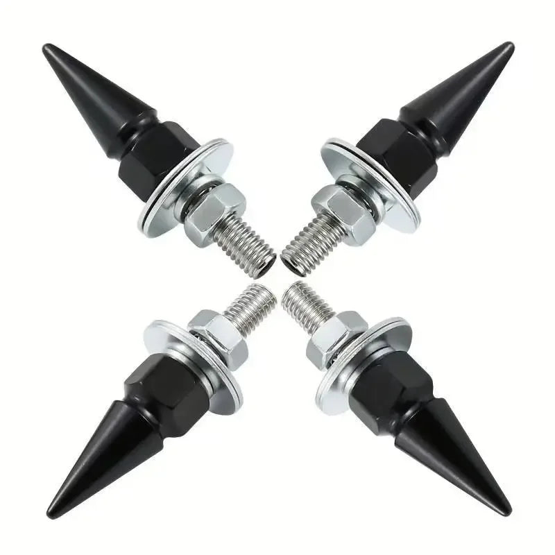 A pair of black M6 license plate fixing screws with threaded tips and hexagonal heads.