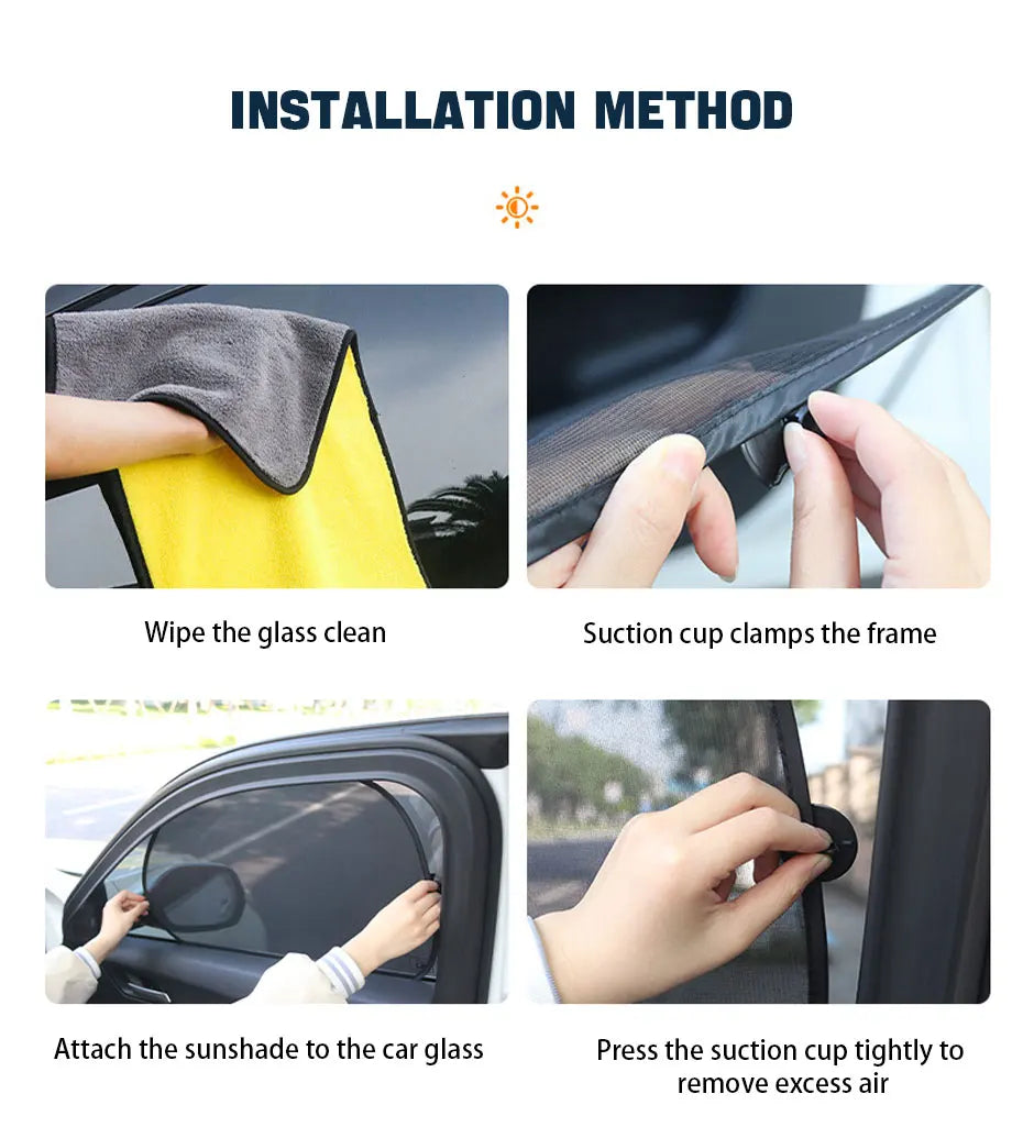 Installation method showing how to attach a sunshade to a car window using suction cup clamps.