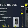 A box listing the contents of a portable electric tire inflator kit, including an air compressor, hose, nozzles, charging cab