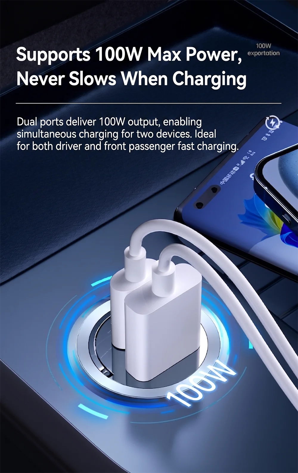 A close-up of a car charger delivering 100W power to two devices simultaneously.