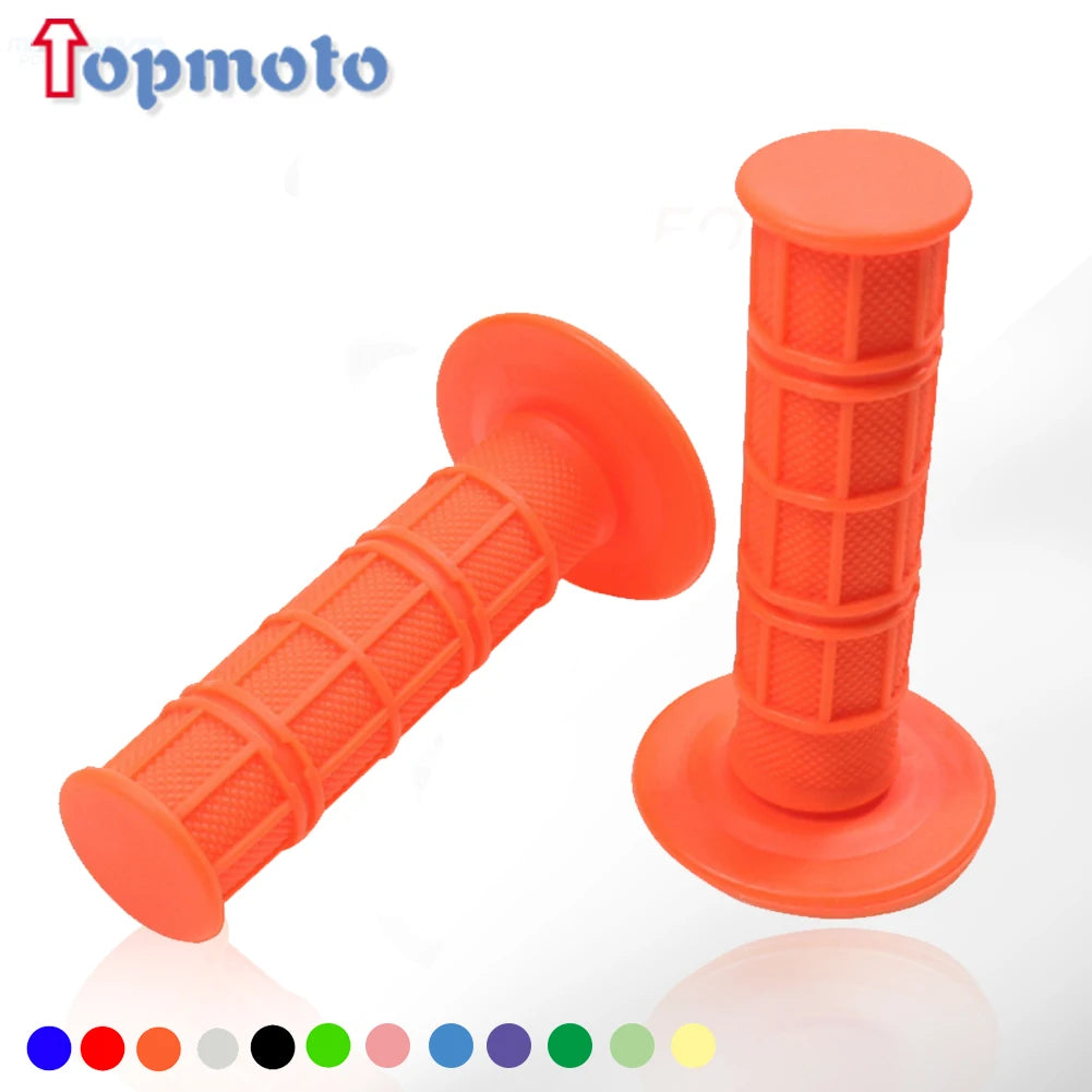 Orange gel rubber handlebar grips for dirt bikes shown with various color options