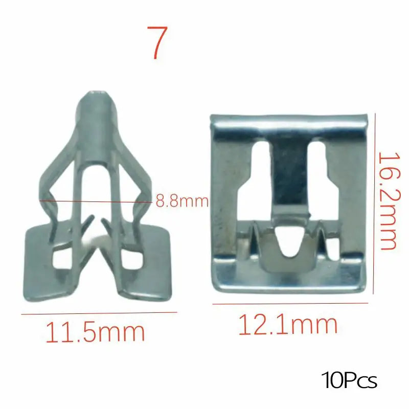 Seven metal clips for auto dashboard retainers, measuring 11.5mm wide and 16.2mm long.
