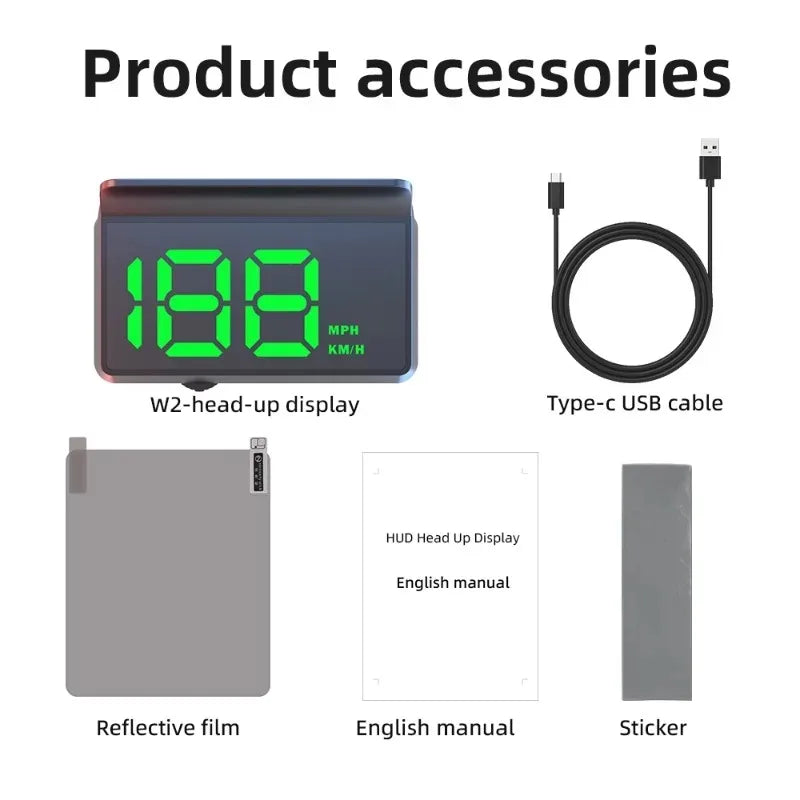 Product accessories including a W2 head-up display, Type-c USB cable, reflective film, and sticker.