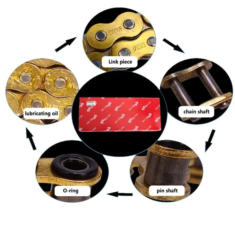 Close-up view of a heavy-duty motorcycle chain link piece, pin shaft, and o-ring components for lubrication.