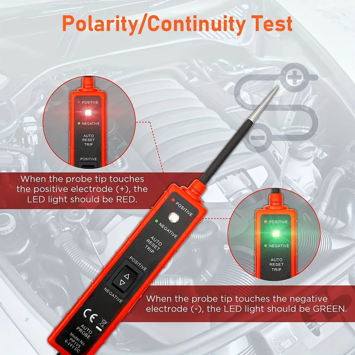 A professional automotive electrical tester probe with red and green LED lights demonstrating polarity/continuity testing.