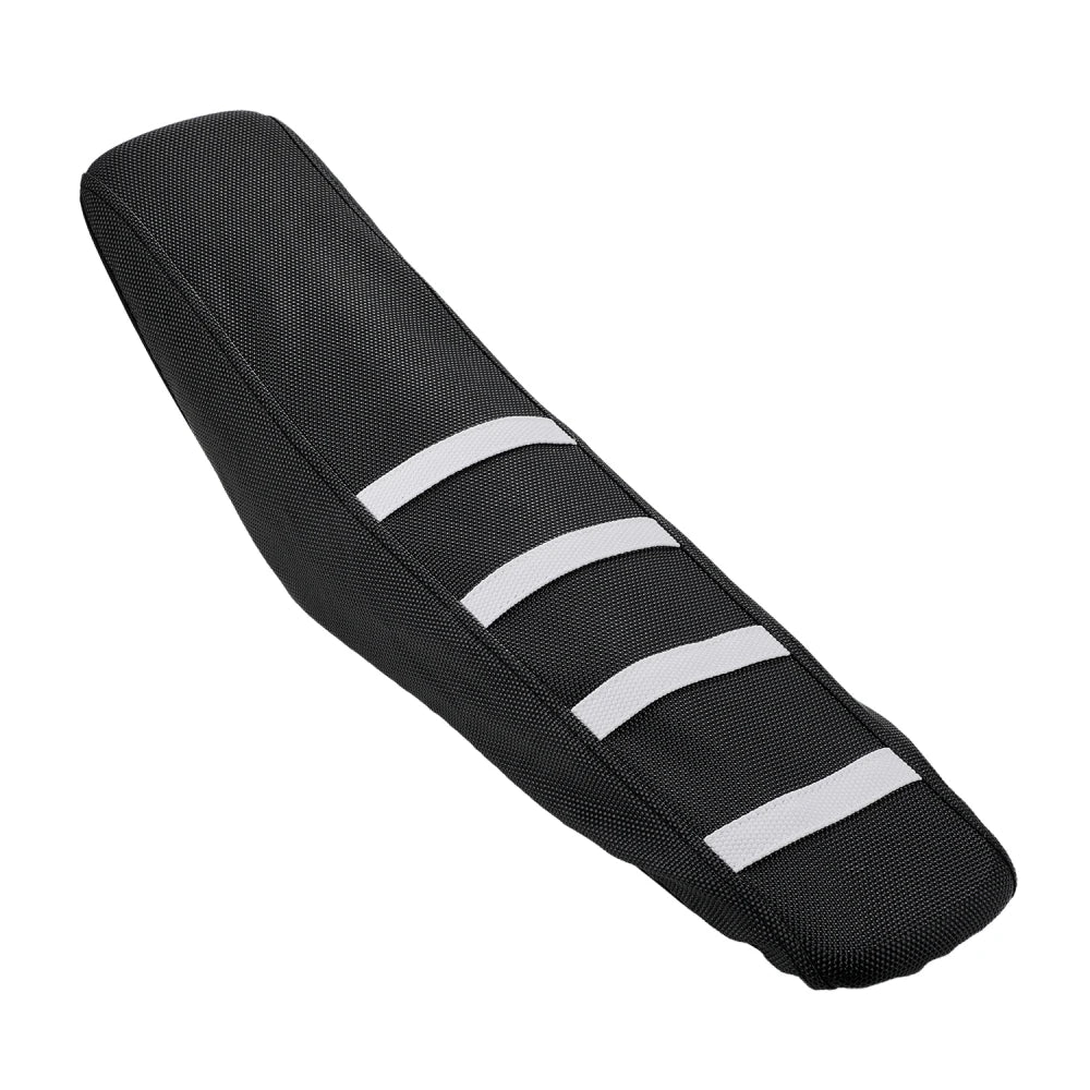 Black motorcycle seat cover protector with white stripes