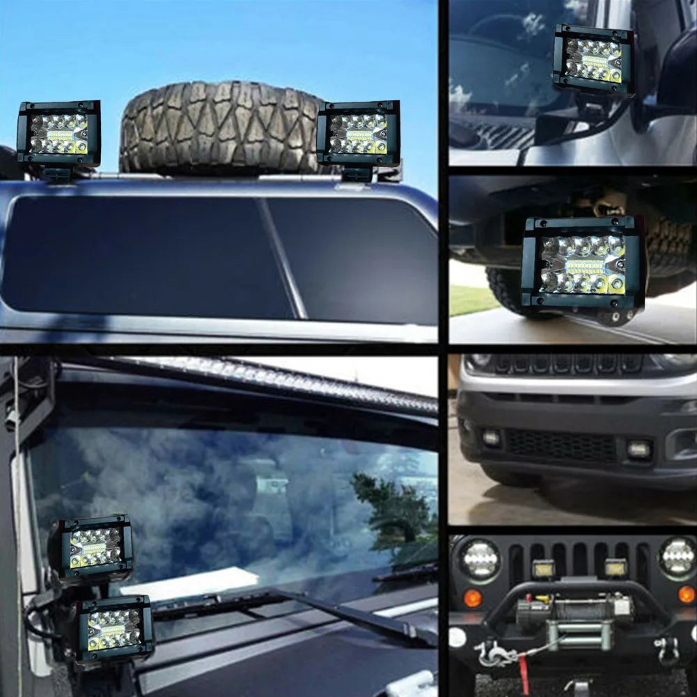 Various high-intensity LED flood bars mounted on a vehicle roof and grille for off-road lighting.