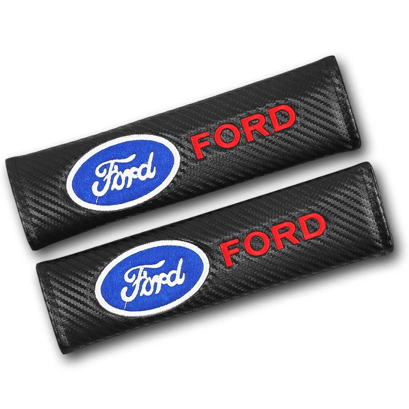 Black carbon fiber seat belt shoulder pad cover with red and blue Ford logos