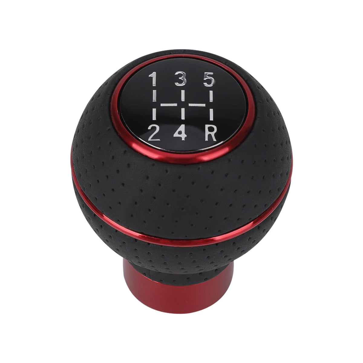 A black gear shift knob with a digital display showing numbers 1 through 5 and R, mounted on a red base.