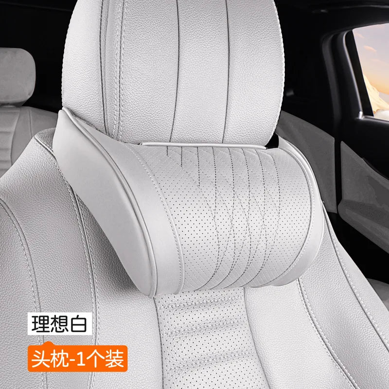 A white premium car neck pillow is shown installed in a car seat, designed for enhanced comfort.