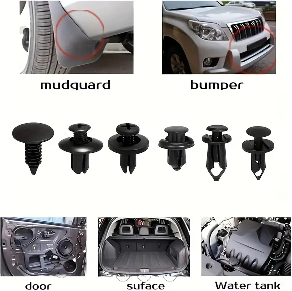 Set universelle Auto-Schnallen inklusive Schutzblech, Stoßstange, Tür und Wassertankkomponente.