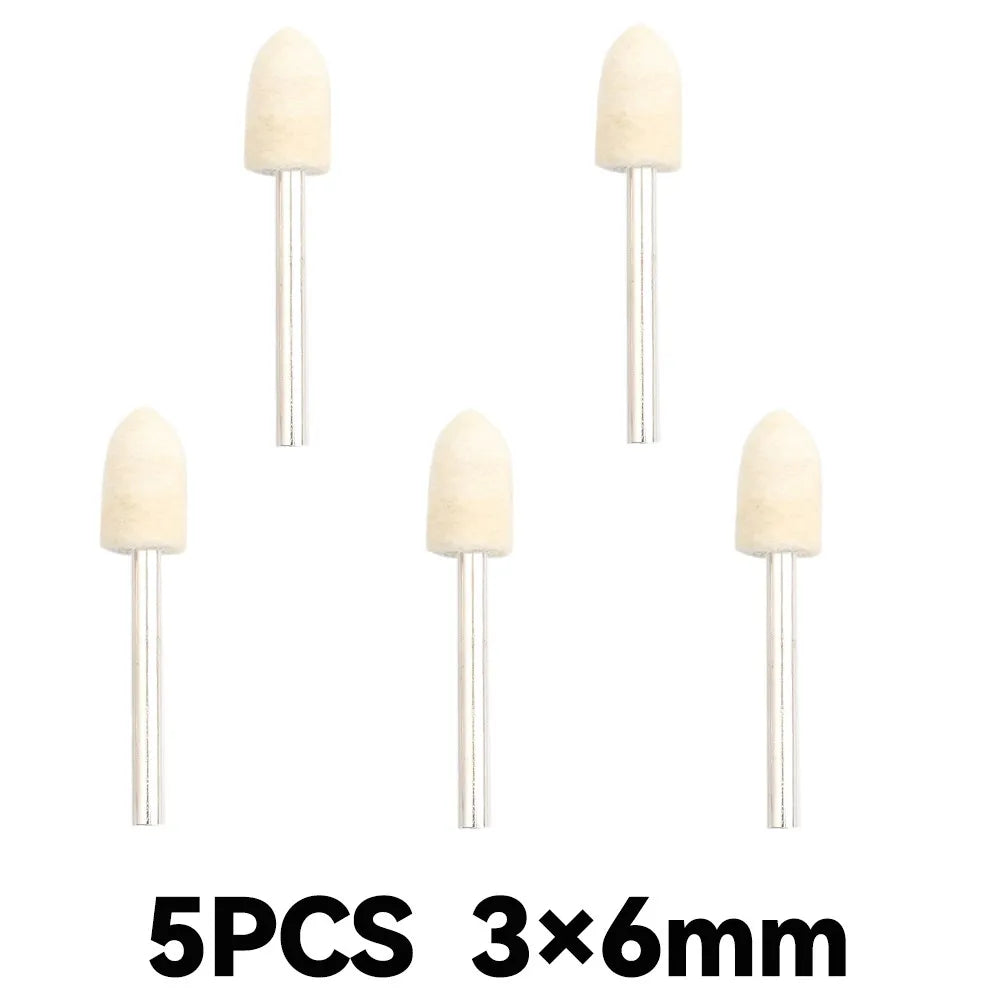 Five pieces of beige wool felt polishing buffing wheels with 6mm diameter shafts.