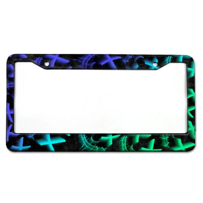 A rectangular aluminum license plate frame with a black background featuring blue and green abstract patterns.