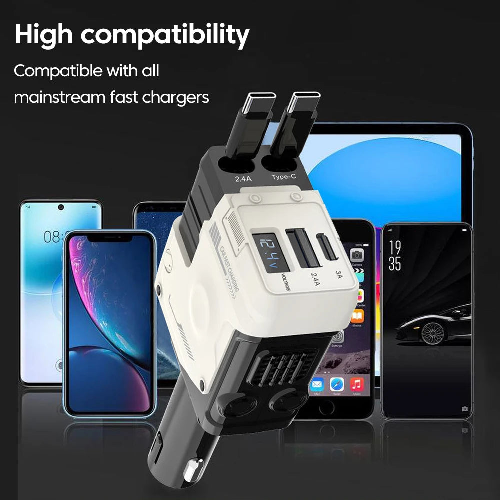 A white multi-port car charger is shown with various smartphone cables and ports, demonstrating high compatibility.