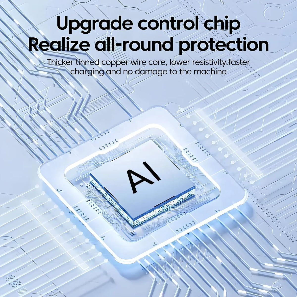 Close-up of a silicon control chip on a circuit board with glowing blue lines, illustrating an upgrade for all-round protecti