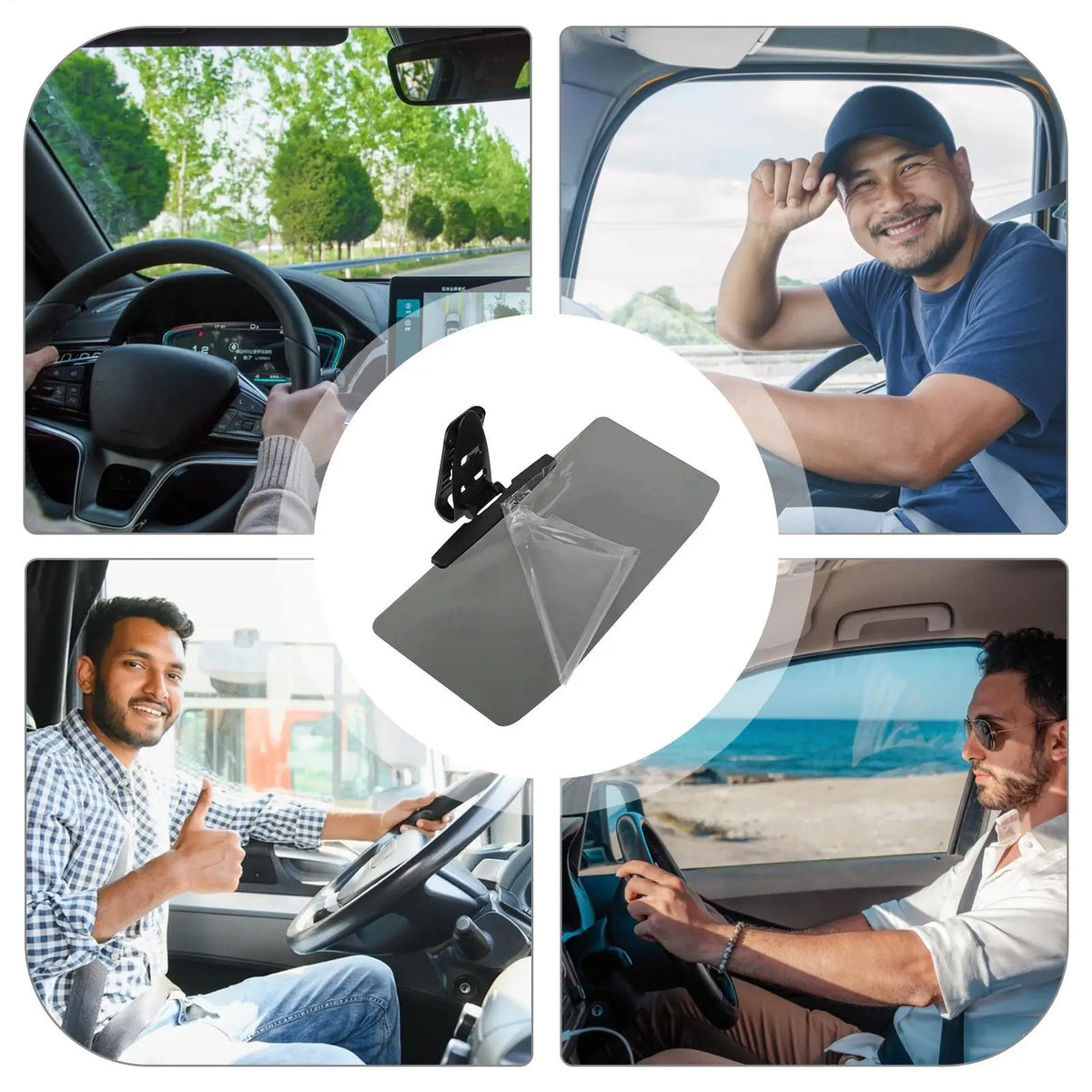 Extensor de visera para coche mostrado en varios contextos, incluyendo dentro del coche y siendo usado por conductores.