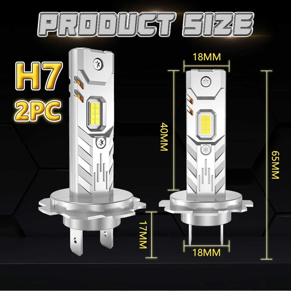 Two silver H7 LED car headlight conversion kits shown with dimensions and packaging information