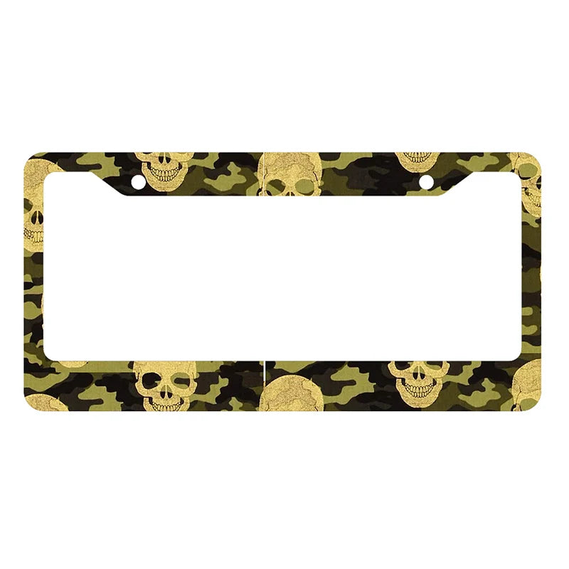 A license plate cover featuring a camouflage pattern with gold skulls.