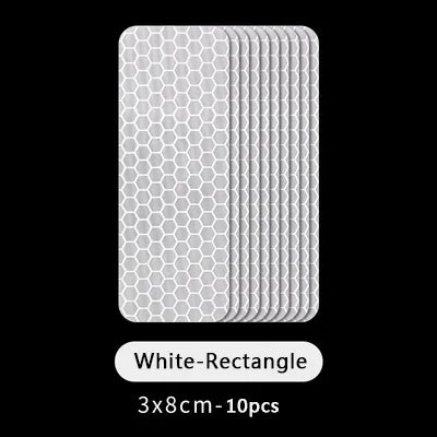 Pile de 10 autocollants réfléchissants rectangulaires blancs pour sécurité des portes, mesurant 3x8cm.