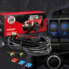 A red Jeep Wrangler is shown next to a box for a 2-year warranty and a heavy duty wiring harness kit for fog lights.