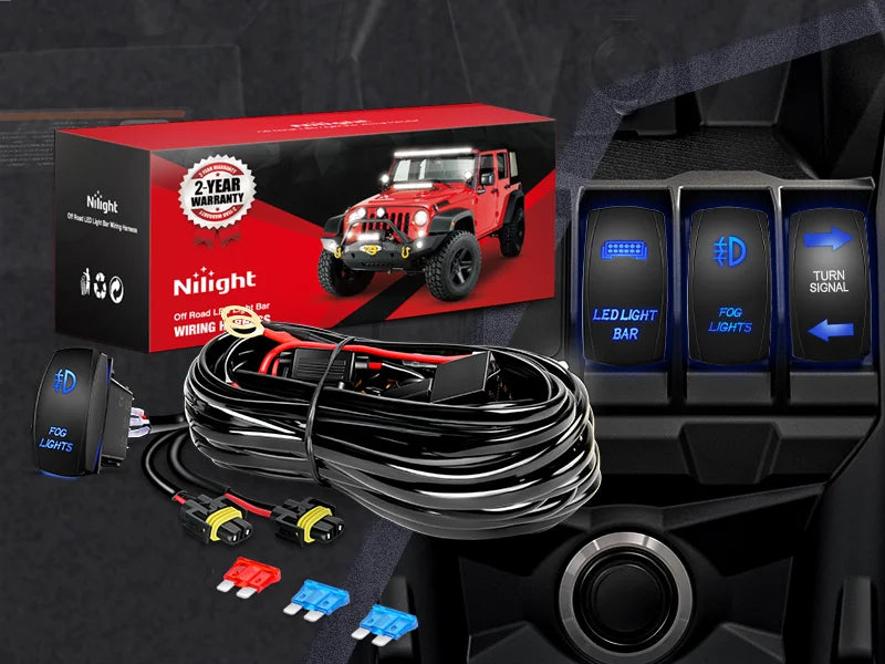 A red Jeep Wrangler is shown next to a box for a 2-year warranty and a heavy duty wiring harness kit for fog lights.