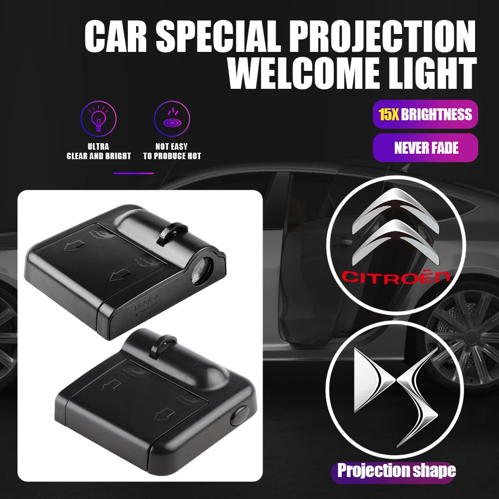 Black LED car door welcome light projector with a Citroën logo projection shape
