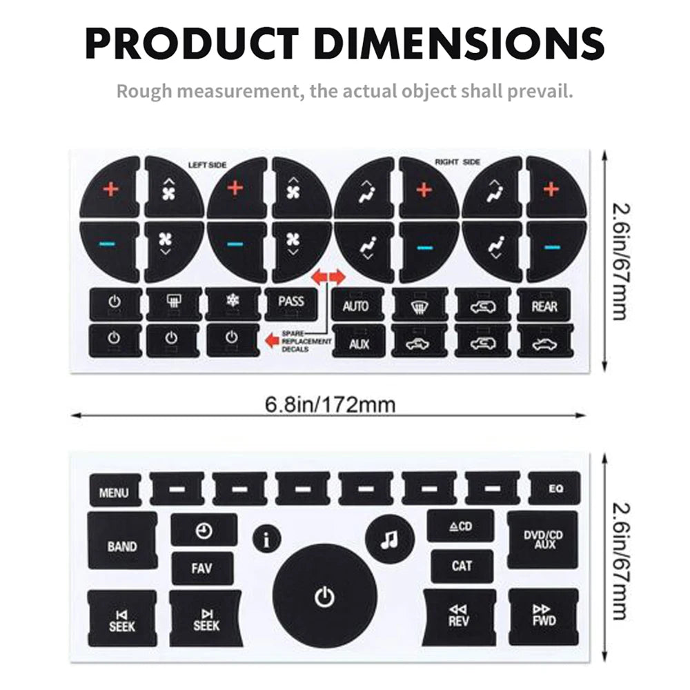 Product dimensions showing the layout of an AC dash button repair kit decal sticker for vehicles.