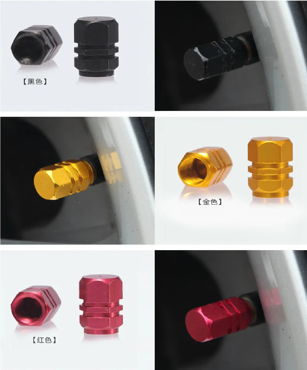 A set of four hex aluminum alloy tire valve caps in black, gold, and red colors shown individually and in context.
