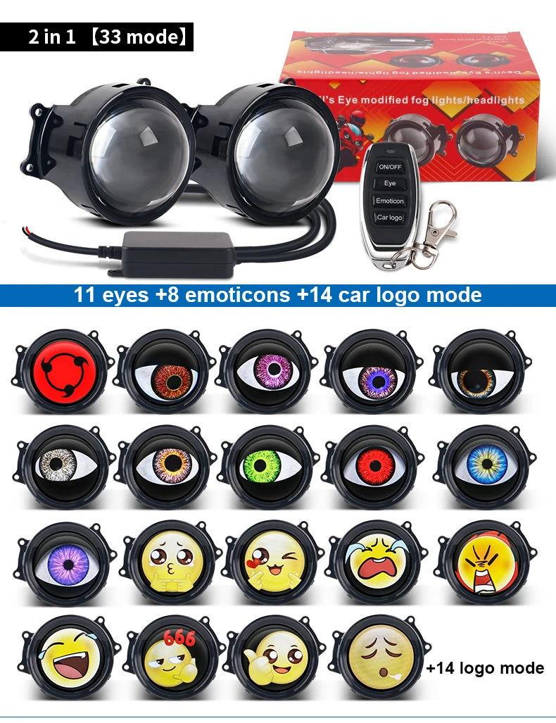 A set of 2-in-1 car headlights with various eye designs and emotes for different light modes.