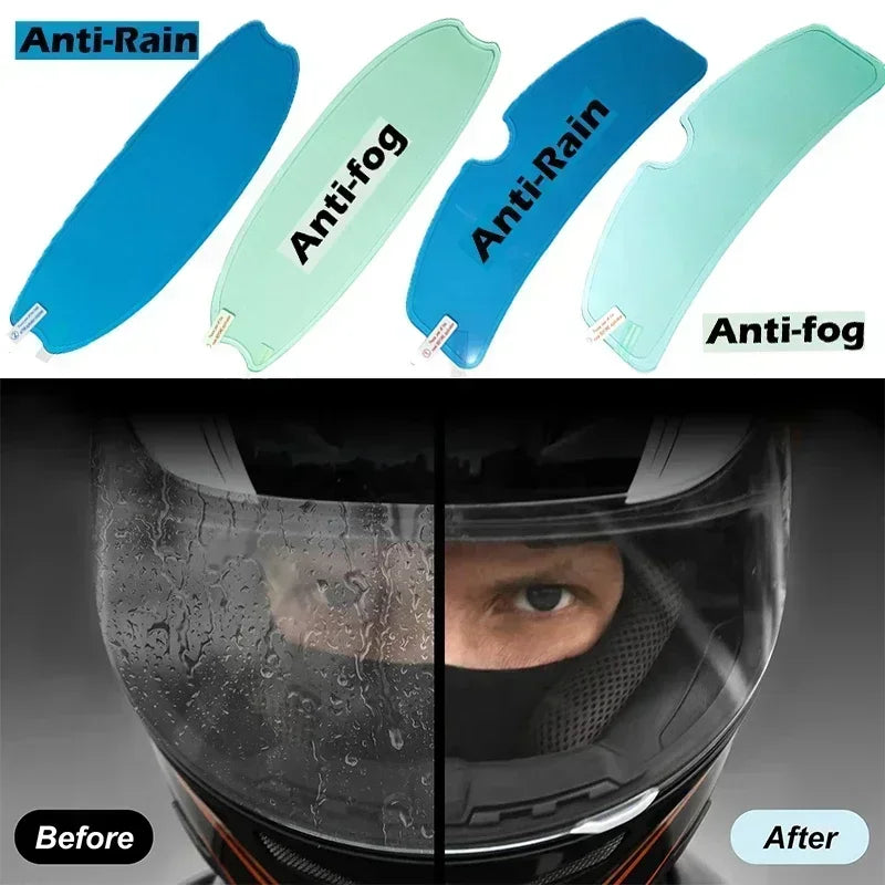 Comparison showing anti-fog and anti-rain film application on a motorcycle helmet visor before and after.