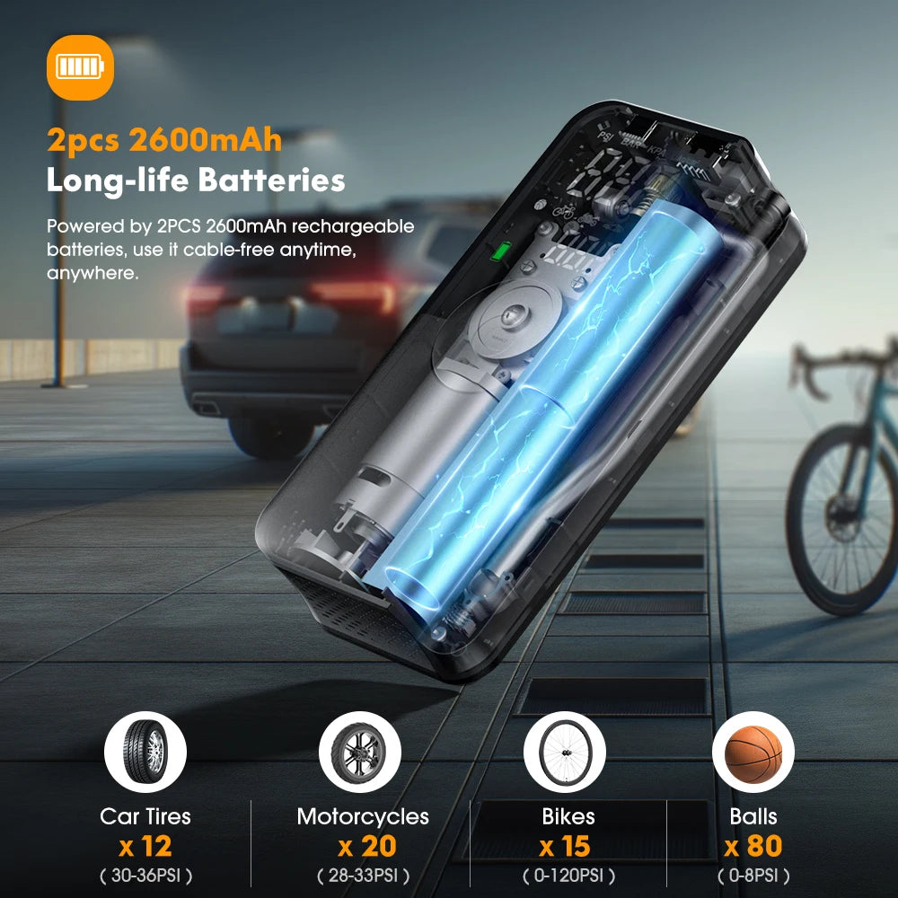 Two 2600mAh long-life rechargeable batteries for a portable digital air pump used for tires and balls.