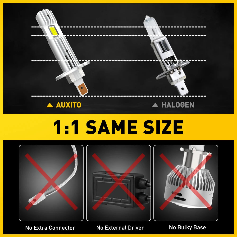 Comparison of an Auxito and Halogen LED headlight bulb, showing they are 1:1 same size.