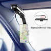 A black phone mount is securely attached to a car window frame, designed for a multi-functional car sun visor.