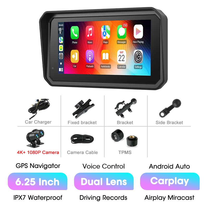 Écran de navigation d'un enregistreur GPS moto noir avec interface tactile et divers options de montage.
