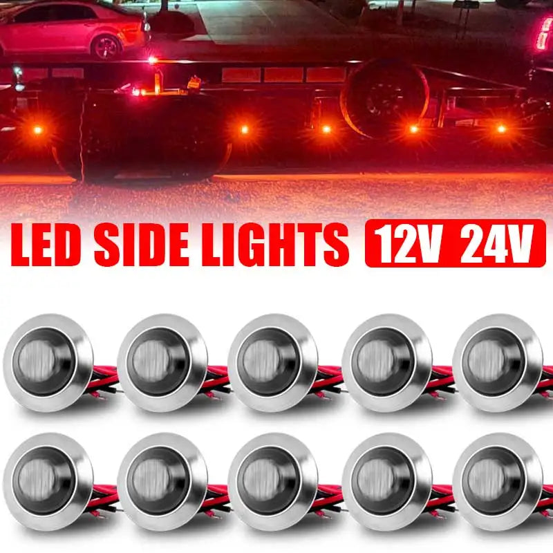 LED side lights for vehicles, 12V and 24V, shown as round marker lights.