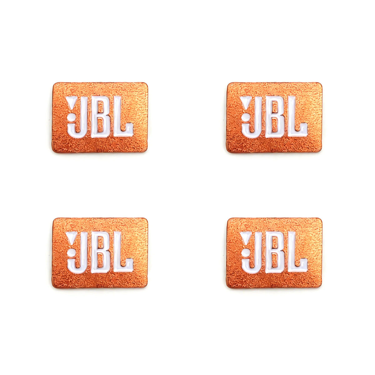 Three square orange aluminum emblems with white JBL logo text
