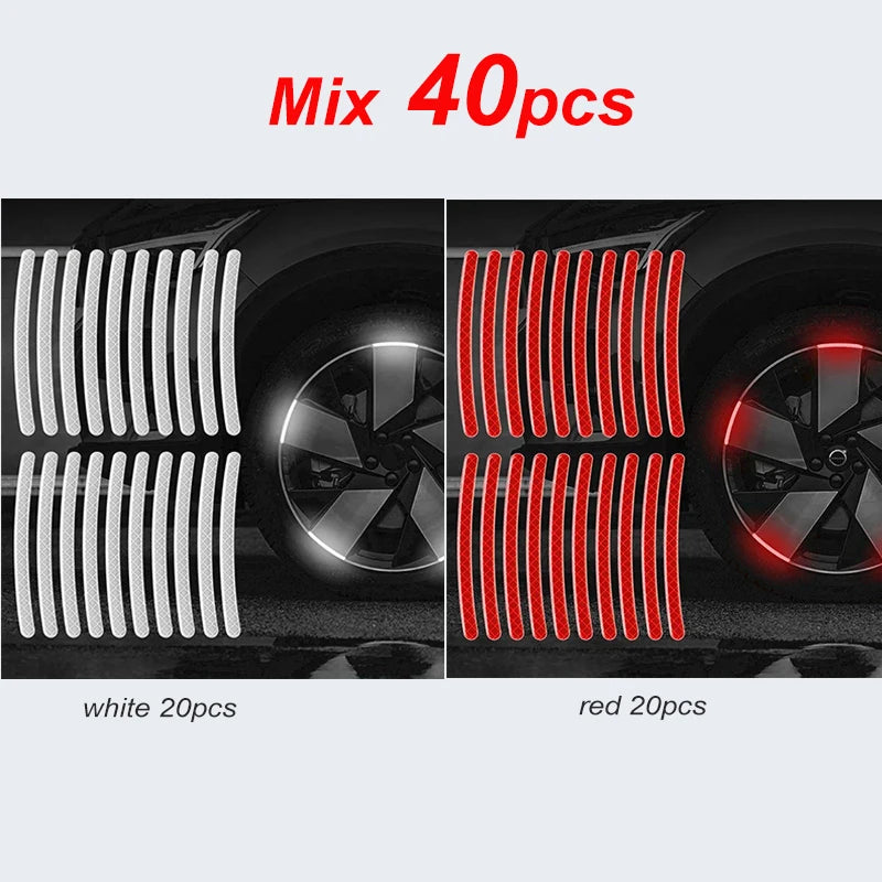 A mix of 40 reflective safety stickers, consisting of 20 white and 20 red, shown next to a car wheel.