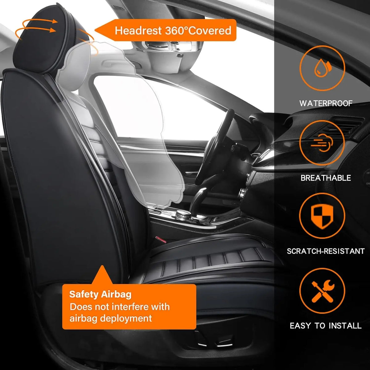 A set of universal PU leather car seat covers shown inside a car, highlighting features like waterproof and scratch-resistant